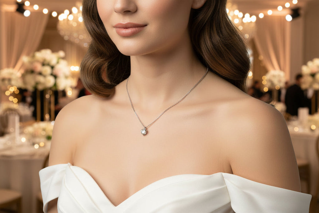 Woman wearing a delicate necklace with a clear pendant against a neutral background
