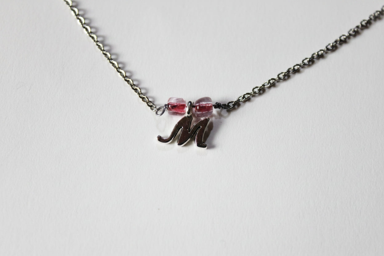 Personalised Sterling Silver Initial Necklace Pink Beads | JIA Jewellery